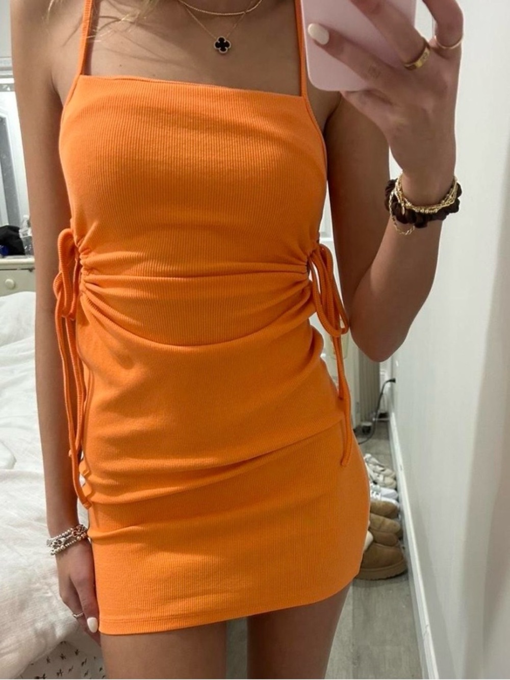 Zara Bright Orange Ribbed Ruched Mini Dress Size Small